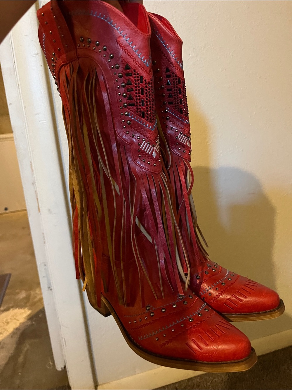 Women's Red Fringe Studded Heeled Cowboy Boots